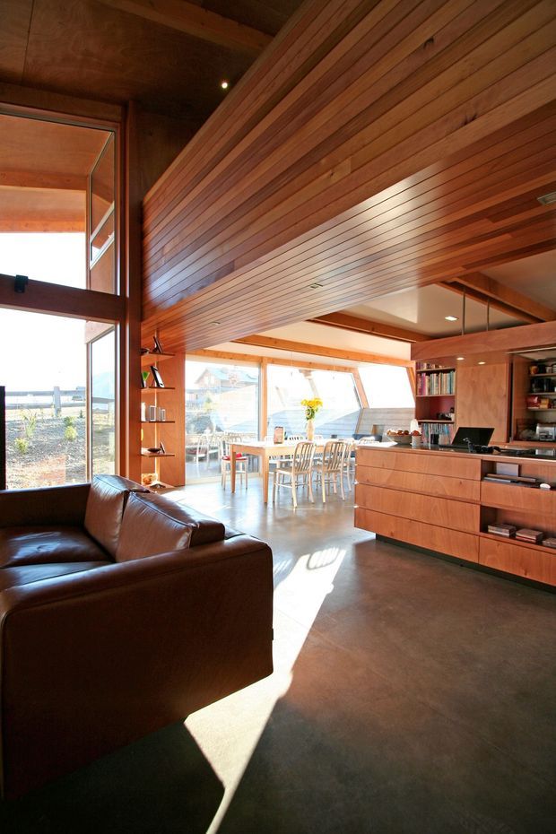 Open-plan residential interior combining a living room, dining area, and kitchen. The space features extensive warm timber wall and ceiling panelling, exposed timber beams, large windows, built-in timber shelving and cabinetry, a dark leather sofa, and a polished concrete floor. Bright daylight enters through expansive glazing, creating a warm, spacious atmosphere.