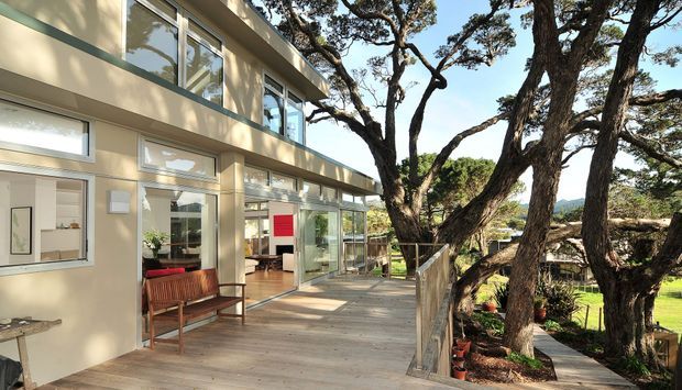 Exterior view of a contemporary multi-level building with pale rendered walls, extensive glazing and a broad timber deck. Mature trees, garden planting and a timber stair integrate the building with its landscaped setting.