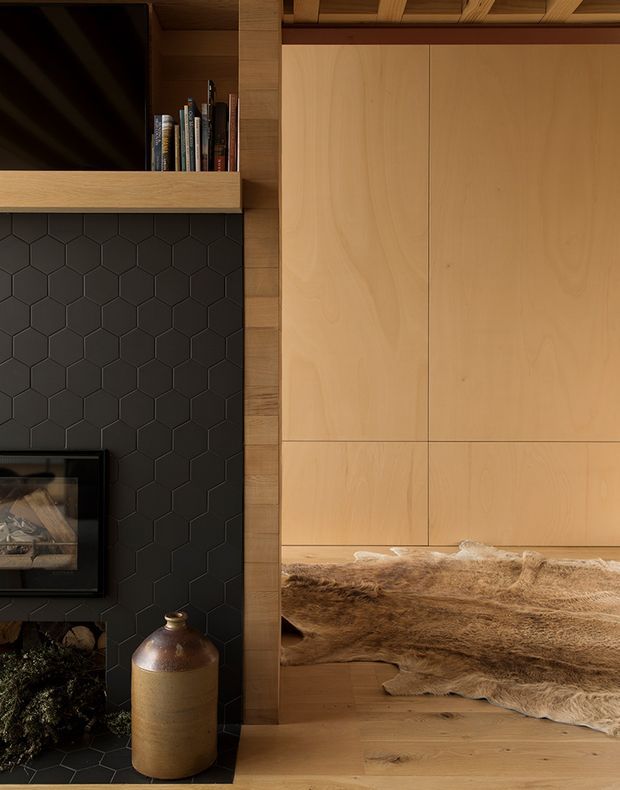 Close-up interior view of a warm, wood-lined living room feature wall. A black hexagonal-tile fireplace surround sits beneath open shelving with a television and books, while light timber cabinetry and wall panelling occupy the right side. A rustic hide rug and ceramic vessel add natural texture and contrast.