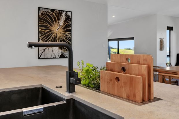 Contemporary kitchen island with a large matte black undermount sink, tall black gooseneck tap, and pale stone benchtop. A built-in timber chopping-board storage feature with circular cut-outs sits beside the sink, complemented by indoor greenery and botanical artwork. The open-plan dining area and rural landscape are visible beyond.