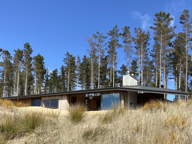 Single-storey low-profile house set among tall pine trees and natural grasses. The building has a long horizontal form, dark shallow-pitched roof with broad eaves, timber-clad walls, extensive glazing, and a prominent masonry chimney. The setting is wooded and appears semi-rural, with a restrained natural modernist character.