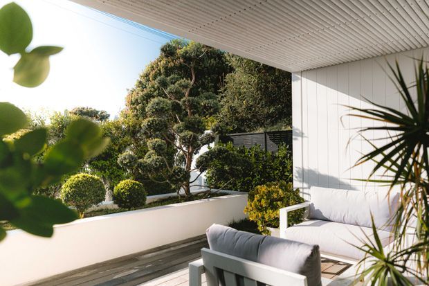 A bright, contemporary outdoor terrace beneath a covered roof, featuring white vertical wall cladding, a ribbed ceiling, pale outdoor lounge seating, timber decking, and a landscaped garden with clipped shrubs and mature trees.