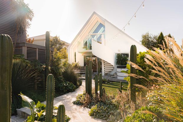 A bright contemporary house viewed from a landscaped courtyard garden. The white gabled facade features a dramatic triangular glazed window, a projecting upper-level balcony, and an external curved staircase. Dense drought-tolerant planting, tall cacti, succulents, ornamental grasses, and paved paths surround the home, with festoon lighting overhead.