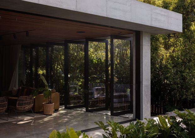 A modern indoor-outdoor living space opening onto lush vegetation through large black-framed glazed folding or pivot doors. The room has a warm timber-lined ceiling, polished concrete flooring, exposed concrete structural elements, and relaxed woven lounge chairs with indoor planting. Dense greenery surrounds the terrace and is visible through the glazing, creating a strong connection to nature.