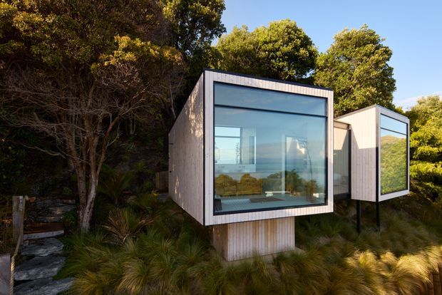 Exterior view of a contemporary pair of compact, box-shaped pavilion volumes set among dense native-looking vegetation. The buildings have pale vertical timber cladding, large black-framed floor-to-ceiling glazing, and appear elevated on slender supports and a solid central plinth. A narrow stone-paved path approaches through the landscaped garden, with a distant landscape visible through the windows.
