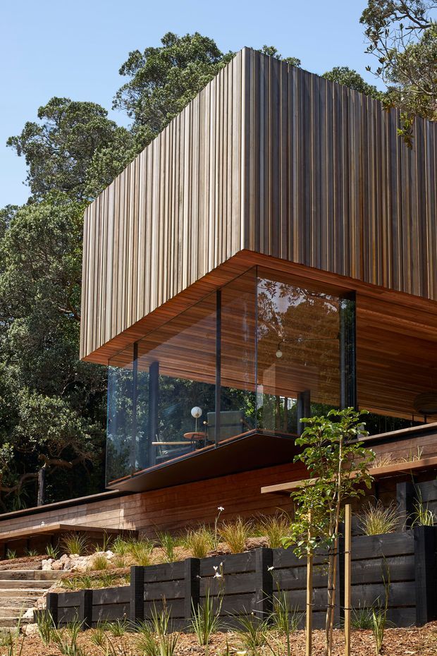 A contemporary multi-level house set into a landscaped, wooded site. The building features a dramatic steeply angled upper facade clad in vertical timber boards, extensive floor-to-ceiling glazing, a projecting timber-lined roof canopy, dark slender structural framing, and terraced native-style planting with black retaining walls.