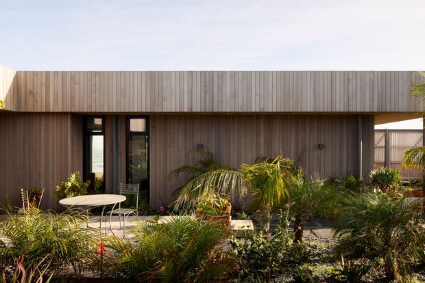 Single-storey modern residence viewed from a landscaped outdoor area, featuring a long low-profile form with vertical timber cladding, dark-framed glazing, and a covered patio with an outdoor dining setting. Dense tropical-style planting fills the foreground and partially screens the facade.