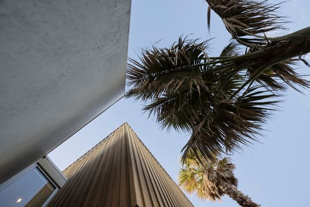 Upward-looking exterior architectural photograph showing a sharply angled, vertically timber-clad building form beneath a projecting pale soffit, framed by palm trees and a clear blue sky. The image emphasizes the sculptural roof or facade geometry and natural timber texture.