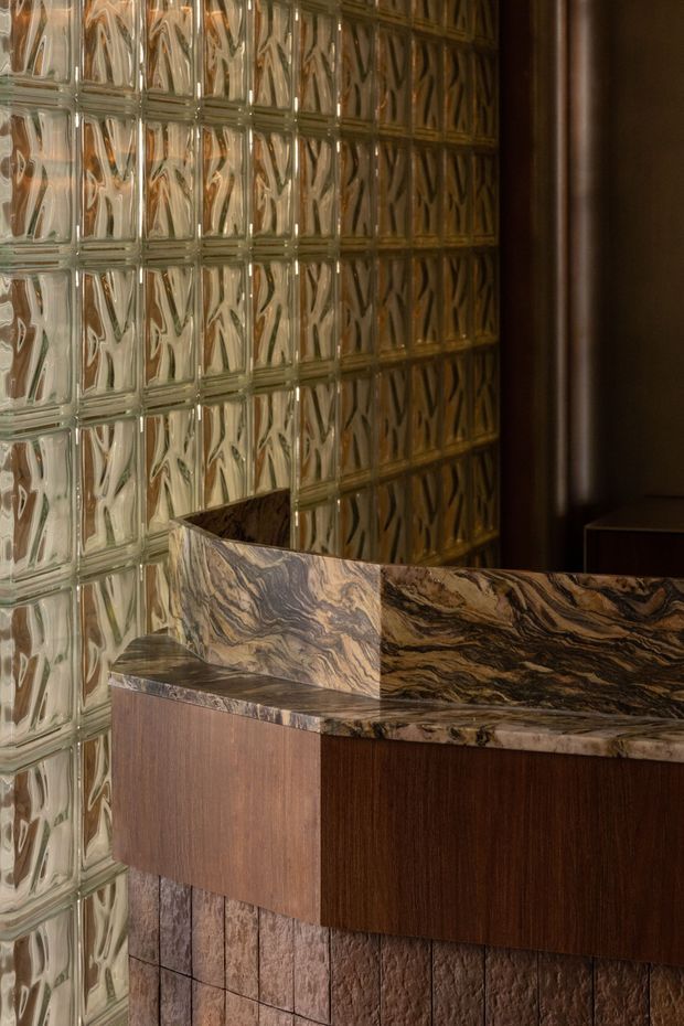 Close-up view of a richly detailed interior vanity or reception counter. A wall of translucent textured glass blocks forms the backdrop, while the counter features dramatic veined stone with an integrated raised backsplash and dark timber cabinetry. The lower front is clad in vertically grooved textured tile or stone. Warm, moody lighting emphasizes the material contrasts and sculptural surfaces.
