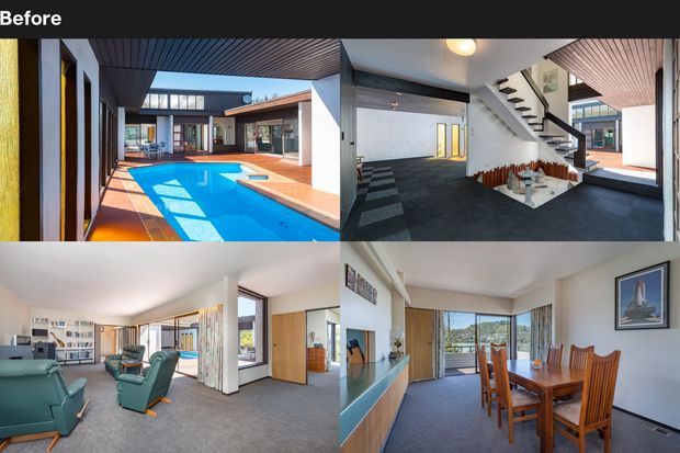 A four-panel collage labelled “Before” showing existing residential interiors and an outdoor courtyard. The top-left panel features a blue swimming pool surrounded by tiled paving and covered outdoor areas. The top-right shows an open entry or circulation space with a dark tiled floor, exposed stair, white walls and timber ceiling detailing. The bottom-left is a carpeted living room with green sofas, shelving and large glazed openings. The bottom-right is a dining room with a timber dining table and chairs, carpeted floor, artwork and views through large windows.