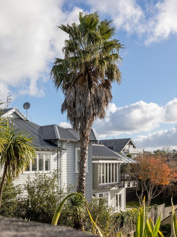 Exterior view of a light-coloured, multi-level residential house with horizontal weatherboard cladding, dark pitched metal roofs, white-framed windows, and a glazed verandah or sunroom. The property is set in a landscaped suburban garden with prominent palm and succulent planting under a bright partly cloudy sky.