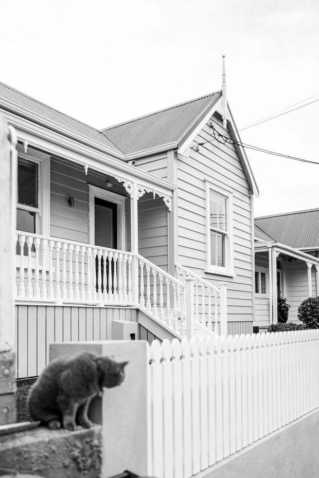 Black-and-white exterior photograph of a traditional weatherboard cottage with a steep corrugated metal gable roof, decorative timber veranda, turned balustrades, ornate fretwork, sash windows, and a white picket fence. A cat sits in the foreground. The image highlights the heritage character and facade details of a compact residential streetscape.