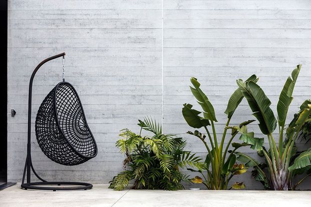 A minimalist outdoor courtyard or patio scene with a black woven hanging egg chair on a curved metal stand, set against a pale horizontal timber-clad wall. Tropical foliage is planted along the base of the wall, and the light concrete paving creates a clean, contemporary backdrop.