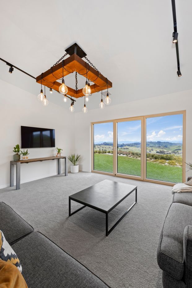 Bright contemporary living room with grey carpet and sectional seating, a black rectangular coffee table, wall-mounted television, slim console, indoor plants, and large timber-framed glazed doors opening to a broad rural landscape. The room features a distinctive suspended timber-and-metal pendant light with exposed bulbs and black track lighting.
