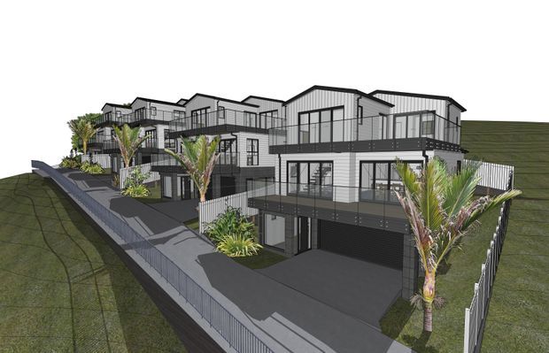 Architectural 3D rendering of a contemporary multi-level townhouse development on a sloping site. The buildings feature layered terraces and balconies, dark metal railings, large glazed openings, light vertical cladding, pitched and skillion roof forms, and integrated garages. Palm-like landscaping and retaining elements are shown around the stepped residences.