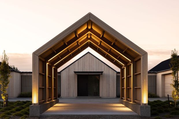 A dusk exterior view of a contemporary pavilion-like entry structure with a dramatic timber-framed gable canopy and warm integrated linear lighting. The structure forms a covered walkway leading toward a simple vertically clad gabled building, with low landscaped planting and adjacent buildings visible around it.