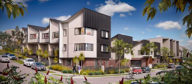 Architectural exterior rendering of a contemporary multi-storey residential townhouse development. The buildings feature crisp geometric volumes, flat and shallow pitched roof forms, pale rendered walls, dark vertical metal-clad upper sections, large windows, balconies, landscaped planting, and street-level parking. The scene is presented in a sunny suburban setting.