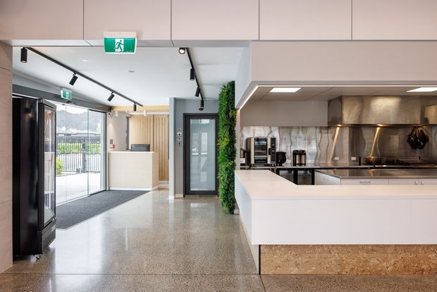 A bright contemporary commercial interior showing a reception and kitchenette area. The space features polished concrete flooring, pale built-in cabinetry, a white island bench with a stone-textured base, stainless-steel splashback and appliances, track lighting, a dark-framed glazed door, and a vertical green wall feature. A glazed entry and reception counter are visible in the background.