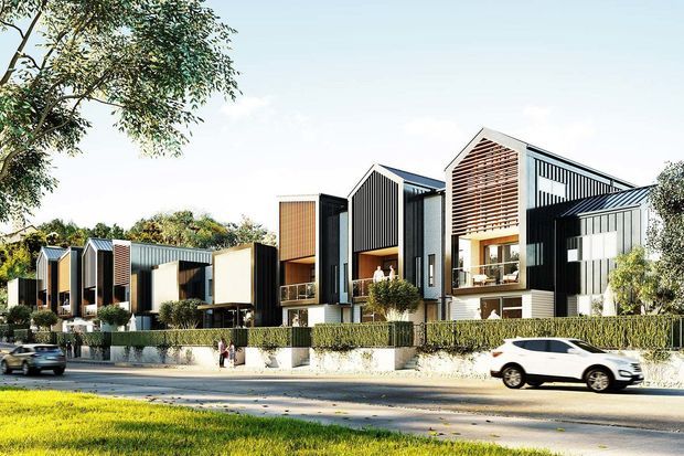 Street-level architectural rendering of a contemporary multi-unit residential development. The buildings feature repeated narrow gable-like roof forms, strong black-and-white facade contrasts, vertical metal screens, timber-toned horizontal louvres, balconies, large windows, hedged front gardens, and a landscaped streetscape.