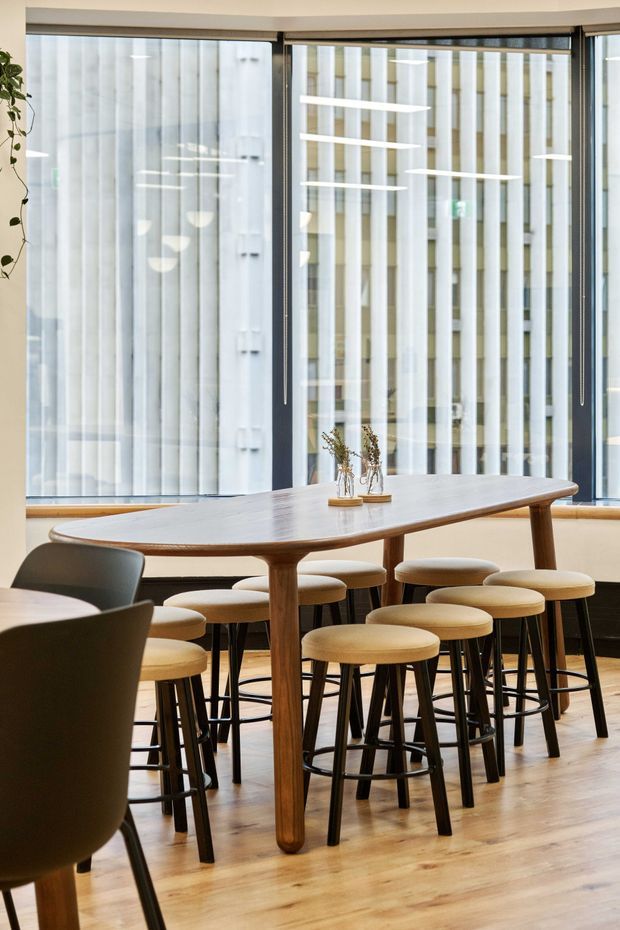 A bright contemporary dining area with a long, rounded-edge timber communal table and multiple upholstered bar stools. Full-height glazed windows with dark frames and vertical blinds overlook a neighboring building, while a small plant and simple table decor add restrained natural accents.