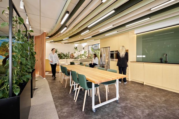 A bright contemporary commercial breakout and dining area with a long mobile timber table, green upholstered chairs, built-in kitchenette, extensive indoor planting, and several people. The space features a dramatic sculptural ceiling of curved timber-toned and black linear slats with integrated strip lighting, warm pale-wood cabinetry, a dark green glass splashback, and carpeted flooring.
