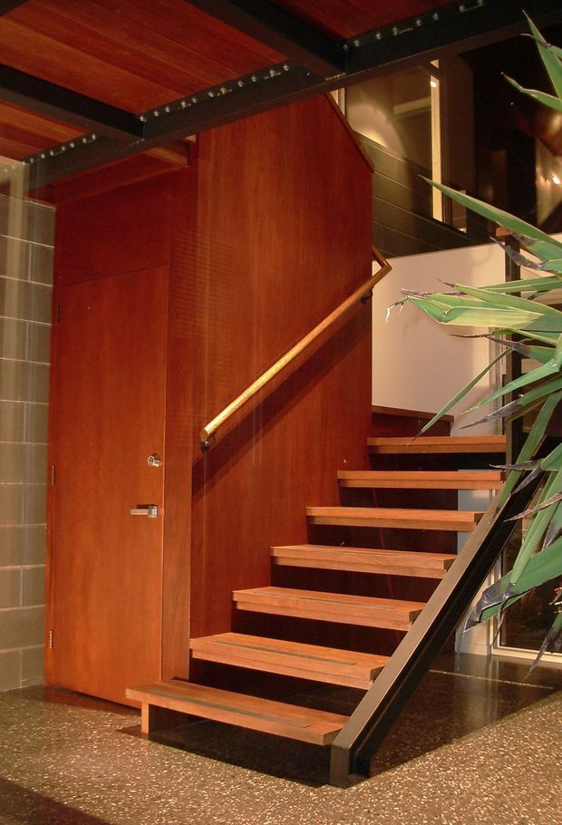 Interior architectural view of a contemporary stairway with open timber treads, black structural framing and railing, warm timber wall panelling, and an integrated timber door. The stair rises beside a partially visible upper-level landing, with indoor plants at the right edge. The space has dramatic warm lighting and a strong wood-and-black material palette.
