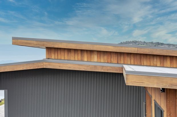 Close-up exterior view of a contemporary building with layered flat rooflines, warm vertical timber cladding, dark vertically ribbed wall cladding, and a projecting roof canopy. A low mountain ridge is visible in the background beneath a partly cloudy blue sky.