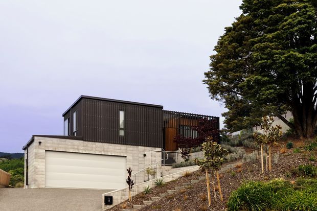 Exterior view of a contemporary split-level home on a sloped site. The lower level is a pale concrete or masonry garage volume with a wide sectional garage door, while the upper level features dark vertical cladding, simple box-like massing, narrow windows, and a timber-toned screened outdoor area. Concrete steps and retaining walls lead through a landscaped garden with mature trees.