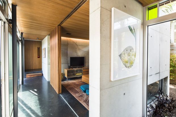 A bright modern residential entry hall viewed from the front door, with a long dark polished floor, warm timber-lined ceiling, timber wall and door detailing, full-height glazing, and a concrete feature wall. The hallway opens toward a compact living room with a television, low timber media cabinet, patterned rug, and blue accent chair. A white front door with a narrow lime-green glazed transom and indoor planting is visible at right.