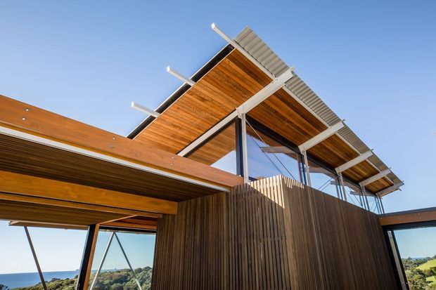 Low-angle exterior view of a contemporary coastal building with extensive timber soffits and vertical timber screening, slim dark structural framing, large glazed openings, and a distinctive elevated corrugated metal roof canopy. The structure appears integrated into a green, sloping landscape with distant sea visible beyond.