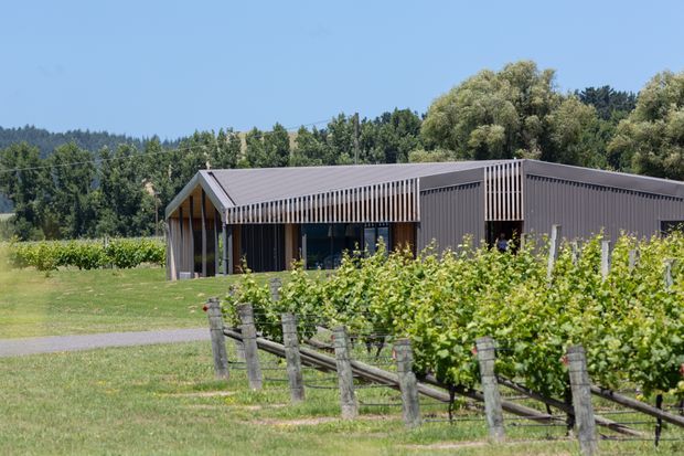 A low, modern rural building set within a landscaped agricultural property. The dark grey metal-clad structure has a simple pitched roof, extensive vertical timber screening along the front veranda or entry, and large glazed openings. A vineyard or trellised planting occupies the foreground, with open lawn, mature trees, and wooded hills beyond.