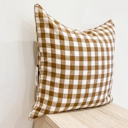 100% French Flax Linen Feather filled Cushion- Ginger Gingham