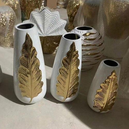 White Ceramic Vase With Gold Leaf Design