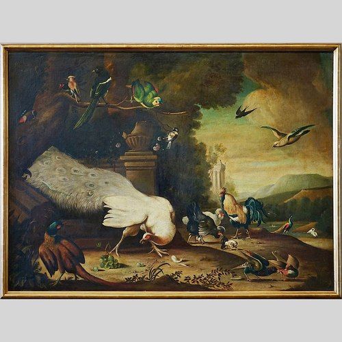 Large French Antique Oil Painting of Birds