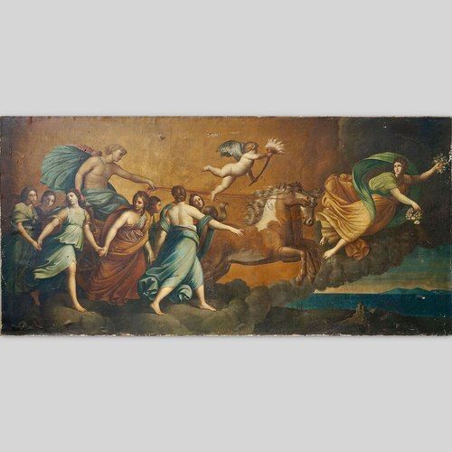 Large Italian Antique Oil Painting of Aurora & Apollo