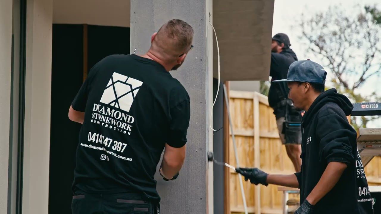 Portsea Stone Wall Cladding Installation - Aspire Designer Homes. Diamond Stonework Construction Waterproofing Substrate and Install.