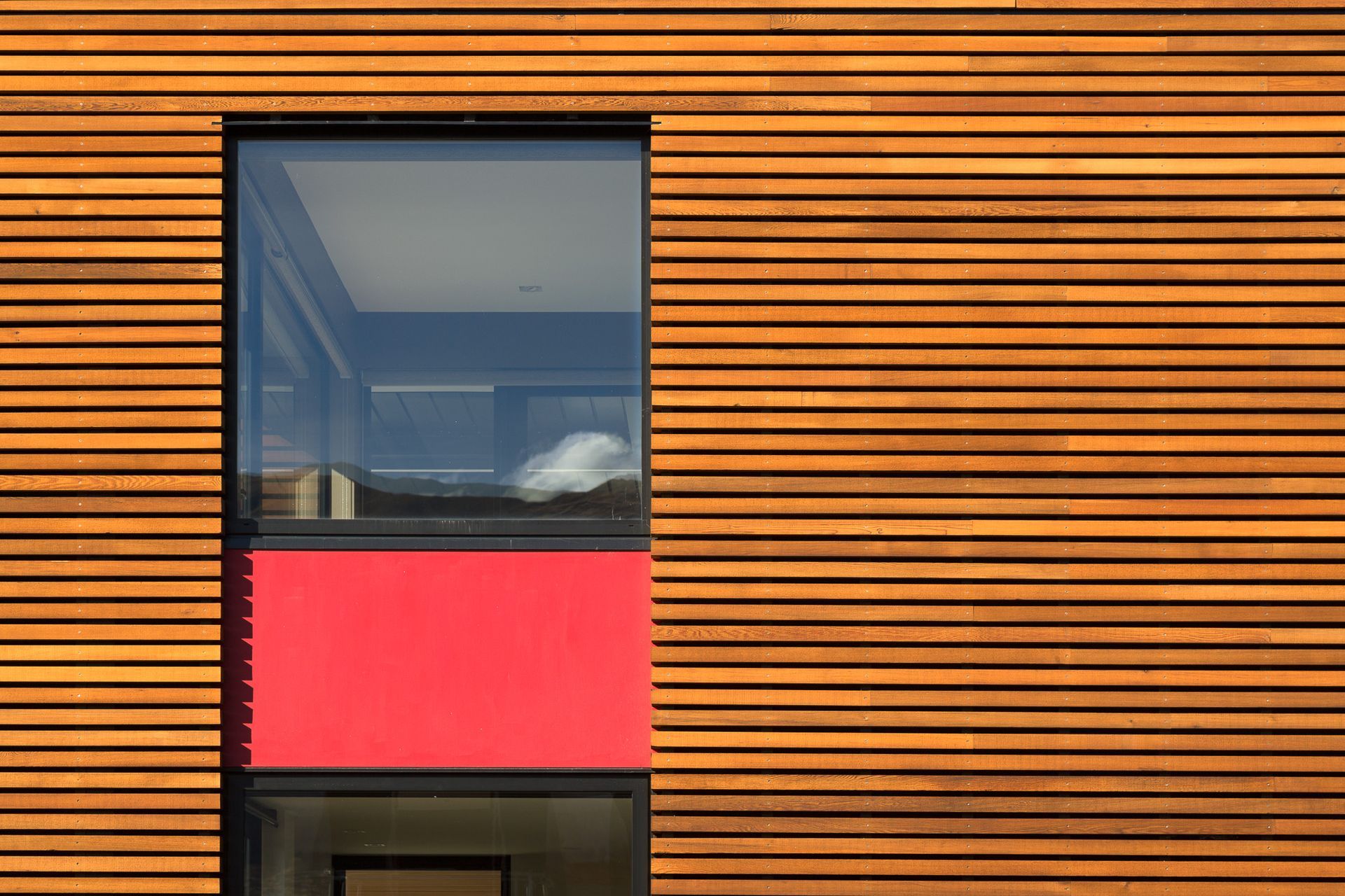 The cedar 'rain screen' has both aesthetic merits as well as functional aspects. It is also removable to allow for easy cleaning of the surfaces behind.