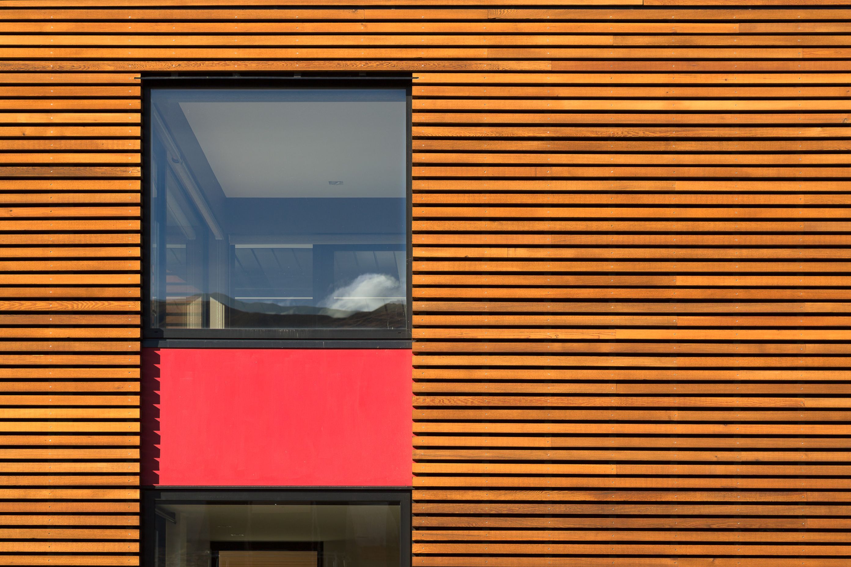 The cedar 'rain screen' has both aesthetic merits as well as functional aspects. It is also removable to allow for easy cleaning of the surfaces behind.