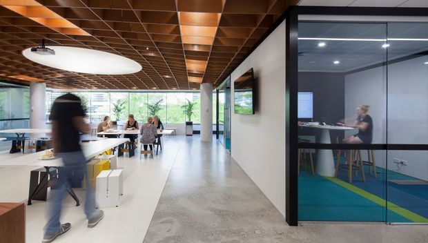 A bright contemporary commercial interior with an open collaborative workspace and meeting area. The space features a striking geometric timber ceiling grid, polished concrete flooring, extensive floor-to-ceiling glazing, white worktables, and a fully glazed enclosed meeting room with dark frames and colourful carpet accents. People are present but are secondary to the architecture and fit-out.