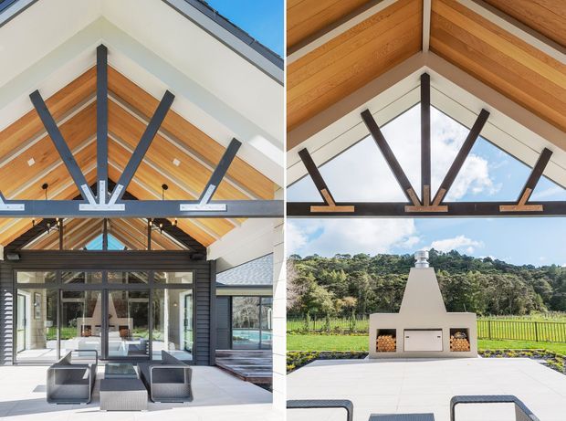 Collage of a contemporary pavilion and covered outdoor living area featuring a dramatic exposed timber gable roof, dark steel structural beams, extensive glazing, and an outdoor fireplace opening toward a landscaped setting. The images highlight the roof structure, glazed connection to the interior, and sheltered patio entertaining space.