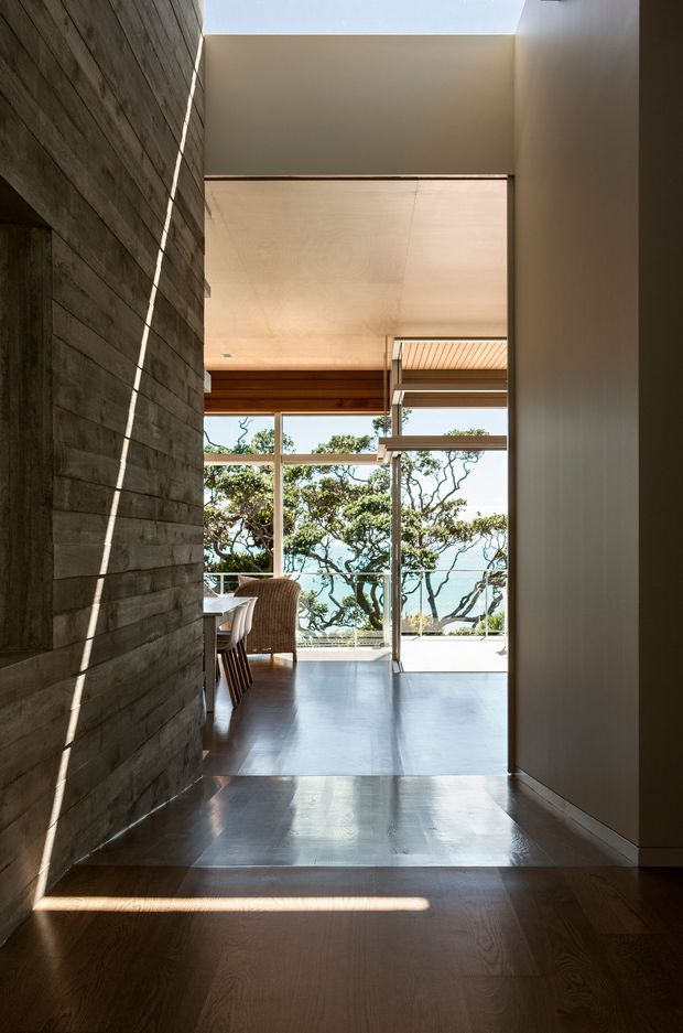 A narrow interior hallway leads toward a bright dining and living area framed by extensive glazing. The space features a dark horizontal timber-clad wall, warm timber ceiling and dining furniture, smooth reflective flooring, and strong natural light entering through a roof opening and windows. Trees and a blue coastal-looking horizon are visible beyond the glazing.