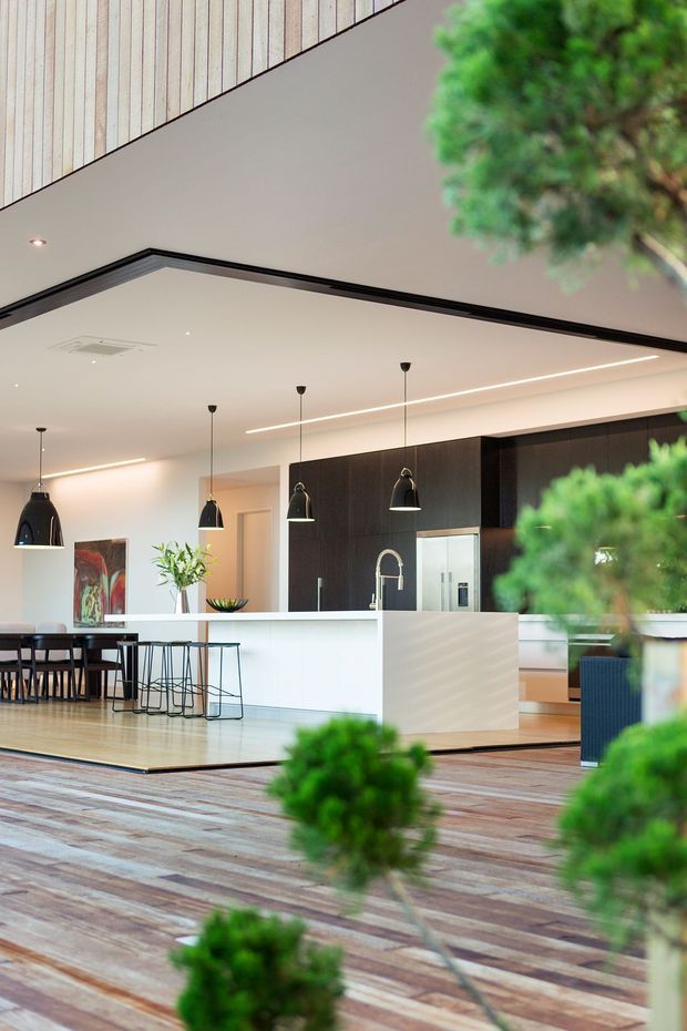 A contemporary open-plan kitchen and dining area viewed from a spacious interior courtyard or atrium. The room features a large white island with a gooseneck faucet, dark wood cabinetry, integrated appliances, black pendant lights, a dining table with bar stools, pale timber flooring, and linear recessed lighting. The foreground contains sculpted green indoor trees and a patterned timber-look floor, creating an airy indoor-outdoor atmosphere.