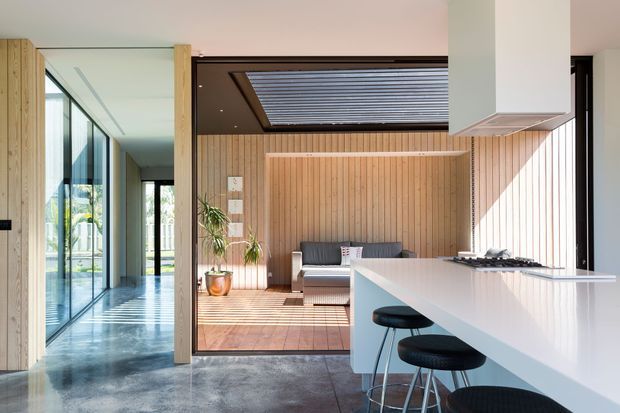Bright open-plan contemporary kitchen and living space with a long white island bench, black bar stools, timber vertical-panelled walls, polished concrete flooring, and a compact lounge area beyond. Full-height glazing and a skylight bring in abundant natural light, while a glazed corridor extends along the left side.