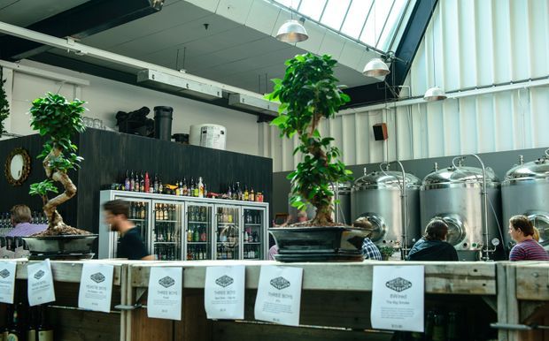 A bright, industrial-style commercial brewing and hospitality interior. Large stainless-steel brewing tanks line the right side, while a dark bar or service counter with bottles, glass-front refrigerators, pendant lights, and bonsai-style plants occupies the foreground. A high glazed roof and clerestory glazing bring in abundant daylight. Paper notices are attached to the rustic timber-fronted counter.