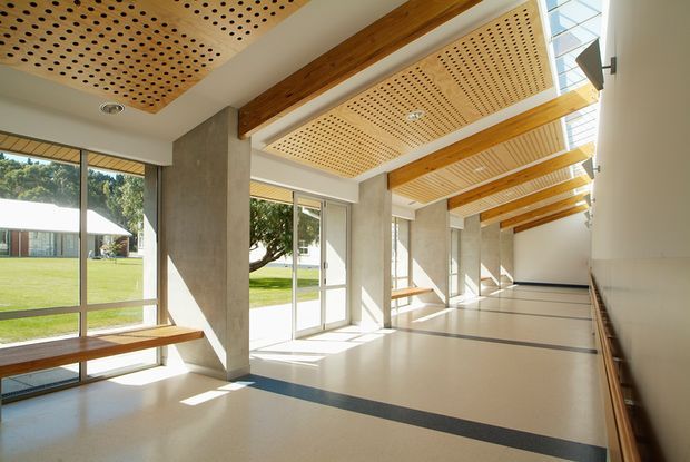 A bright, spacious glazed corridor or gallery with polished light flooring, exposed concrete columns, extensive floor-to-ceiling windows, and warm timber ceiling beams. The ceiling features perforated timber acoustic panels, while long built-in timber benches line the walls. Landscaped grounds are visible outside.