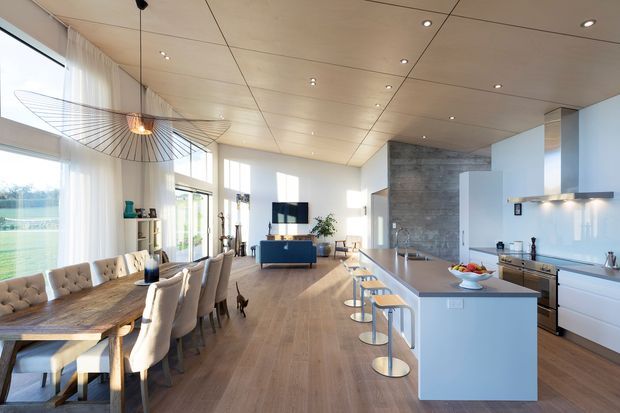 Bright, open-plan contemporary kitchen, dining and living area with floor-to-ceiling glazing, pale timber flooring, a large island with bar seating, white cabinetry, stainless-steel appliances, and a textured grey feature wall. A dining table sits beside the glazing, with the living area and television beyond. The ceiling has recessed downlights and a sculptural linear pendant above the dining zone.