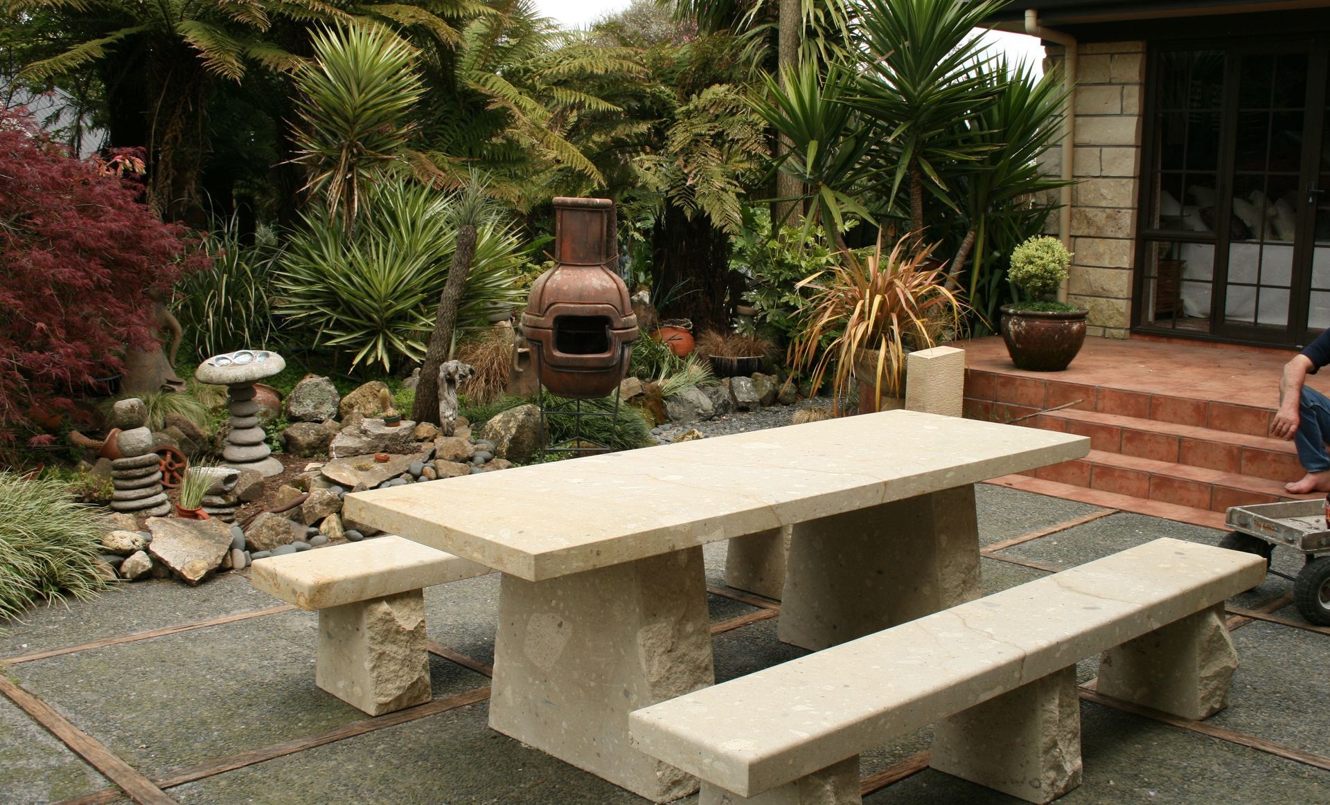 Natural Stone Custom Outdoor Table and Bench Set