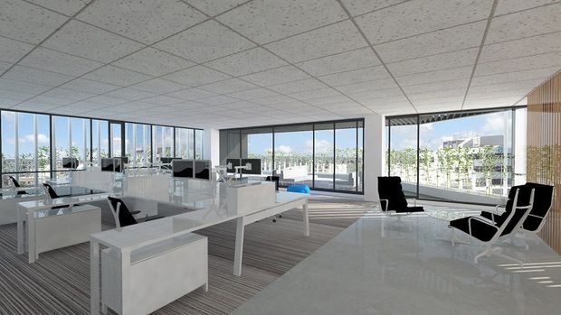 Bright, spacious contemporary office interior with extensive floor-to-ceiling glazing, open-plan white workstations, meeting desks, black lounge chairs, and a large white communal table. The room has a suspended acoustic tile ceiling, light striped carpet, white built-in joinery, and a timber slatted feature wall. City and rooftop views are visible through the windows.
