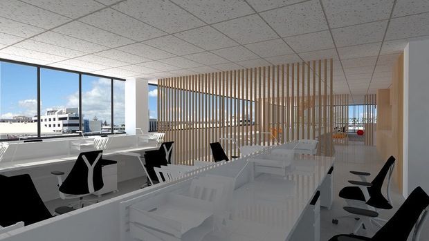 A bright contemporary open-plan office with white workstations, desks, ergonomic black-and-white task chairs, and a long glossy communal table. Full-height windows provide city views, while vertical timber screening creates spatial separation and filtered light. The office has a suspended acoustic tile ceiling, white finishes, and a clean minimalist corporate aesthetic.