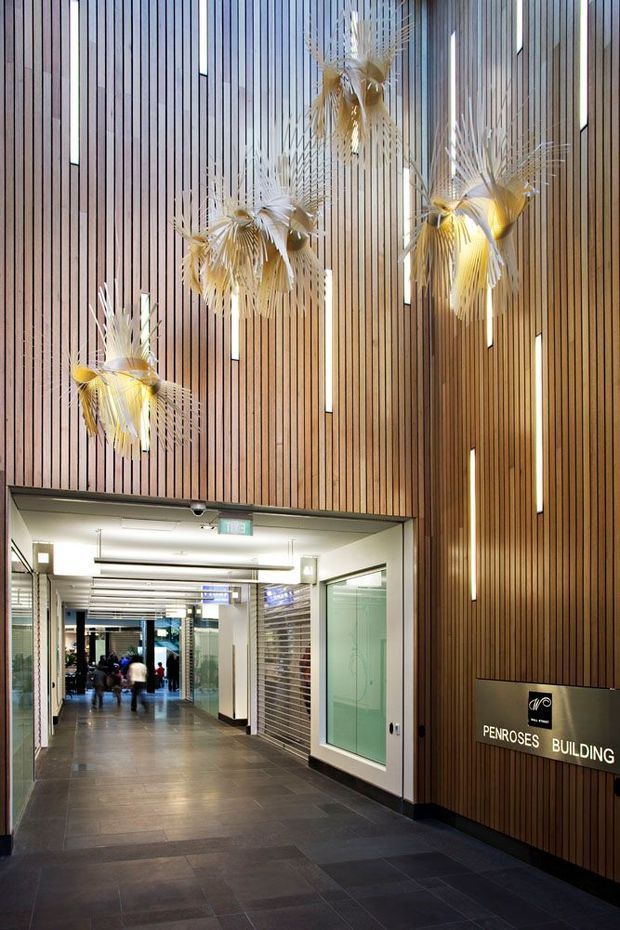 Interior view of a commercial building lobby or entry hall with a tall, double-height timber-lined wall. Narrow vertical timber battens are interrupted by slim illuminated light slots, while sculptural suspended floral or feather-like light fixtures hang overhead. A corridor and glazed rooms extend through the opening, and a wall sign identifies the Penroses Building. Dark large-format floor tiles and bright linear ceiling lighting complete the contemporary public interior.